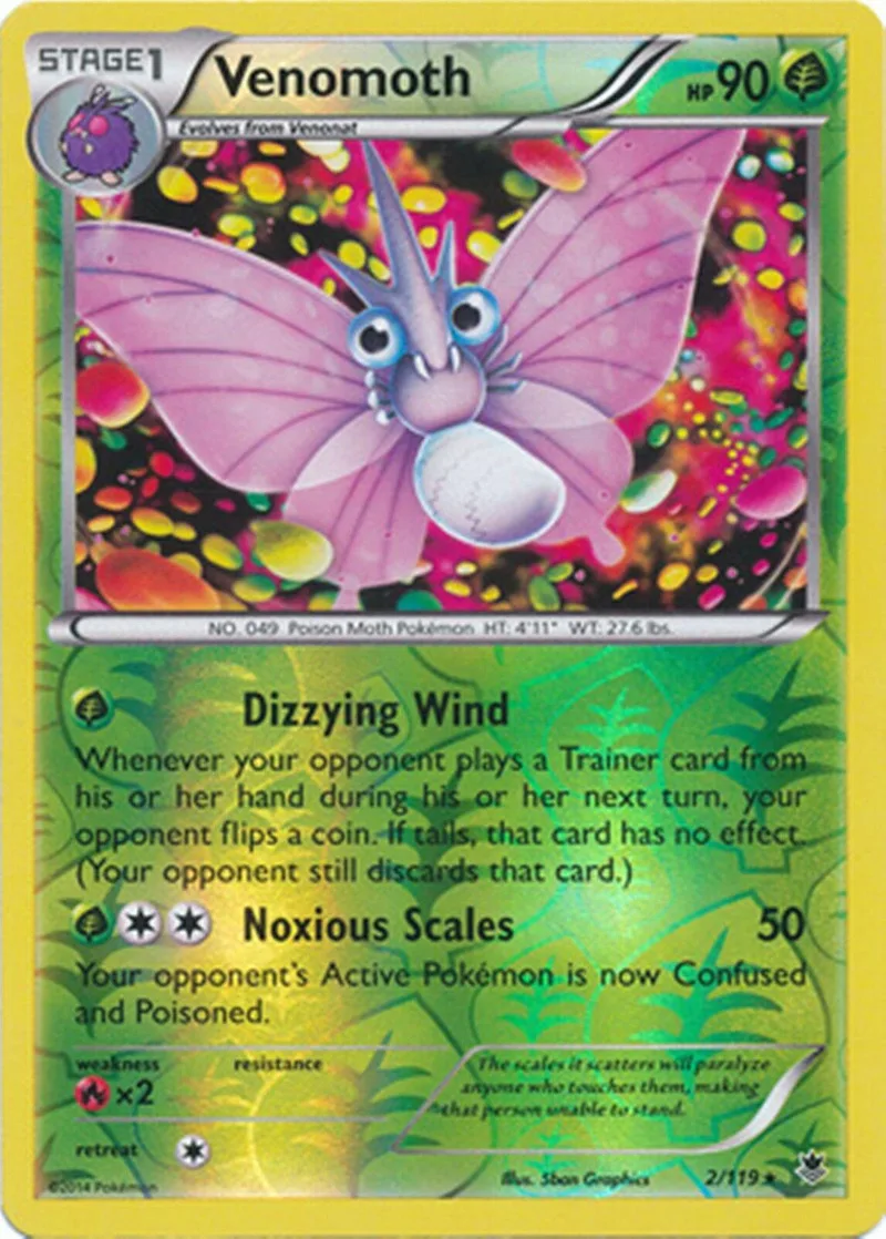 Pink moth Pokémon card with purple and green accents. Stage 1 Venomoth.