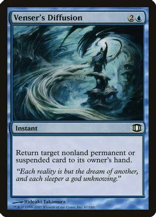 Blue and black Magic: The Gathering card, Venser's Diffusion, showing swirling dark water.