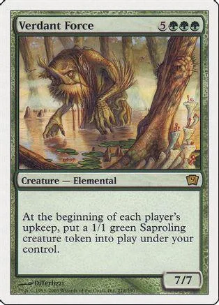 Brown elemental creature in a forest scene on a green card.