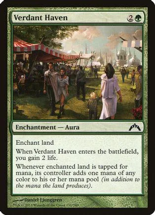Green landscape scene with people under tents. Magic: The Gathering card.