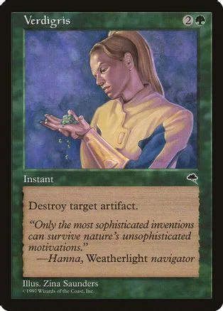 Woman in yellow shirt holding green crystal on Magic: The Gathering card.