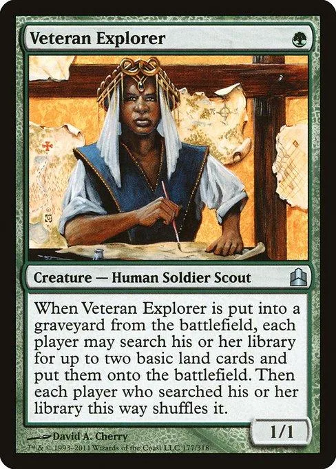 Card art shows a man in tribal attire holding a pen. Veteran Explorer creature card.