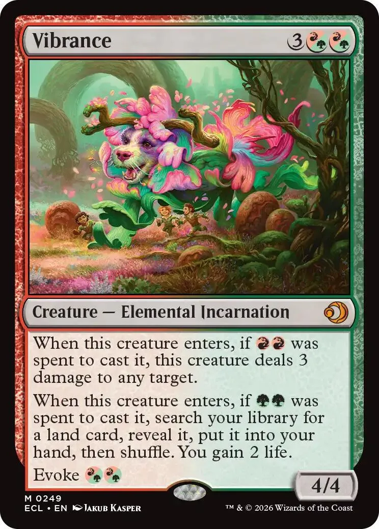Card art of colorful, vibrant creature in a lush, green forest setting.