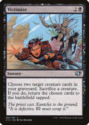 Dark fantasy art on a Magic: The Gathering card, "Victimize.