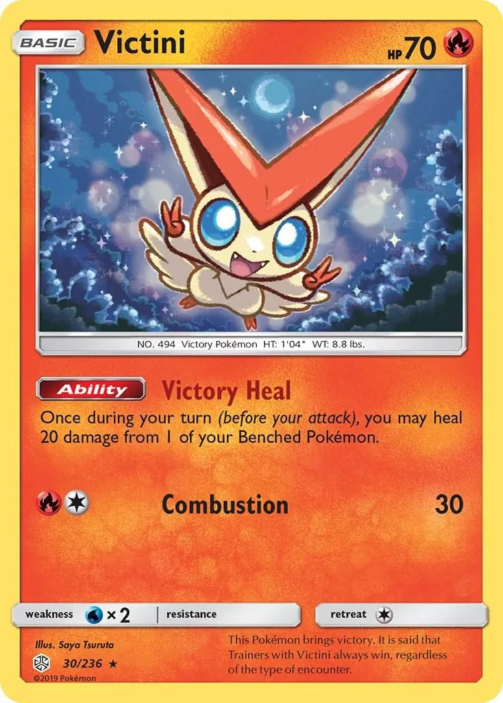 Red and white creature Pokémon card with "Victory Heal" ability text.