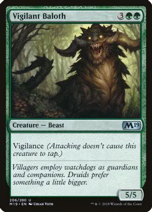 Dark, monstrous beast on a green forest background, Vigilant Baloth Magic card.