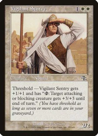 Figure in white robes holding staff, desert background, Magic: The Gathering card.