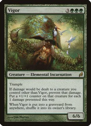 Large green elemental creature card, "Vigor," with text box and stats.