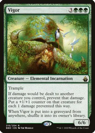 Green elemental creature card, "Vigor," showing a mossy, large beast.