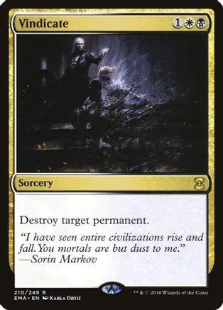Black and gold Magic: The Gathering card, "Vindicate," with dark fantasy art.