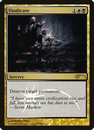 Black and gold Magic: The Gathering card, "Vindicate," with dark fantasy art.