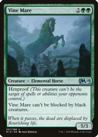 Green elemental horse creature card art, showing a misty, dark landscape.