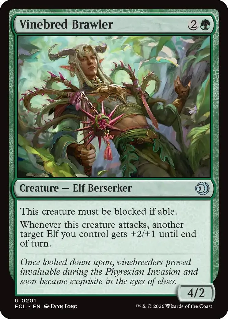 Elf berserker creature card art, green and brown tones, showing a warrior in a forest.