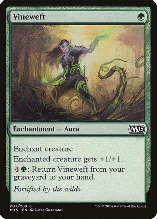 Dark-haired woman in green, surrounded by vines, on a Magic: The Gathering card.