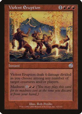 Fantasy battle scene on a card: figures fighting amidst a fiery, erupting landscape.