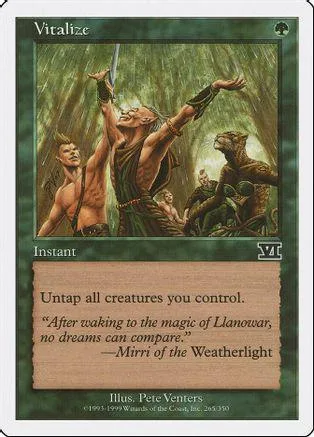 Green forest scene with a figure raising arms; Magic: The Gathering card.