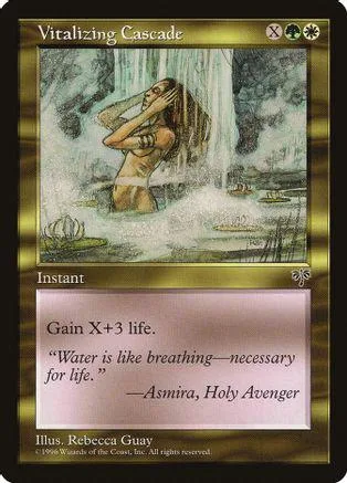 Card art depicts a figure under a waterfall; text reads "Vitalizing Cascade.