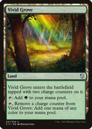 Green land card art shows rainbow through forest trees. Vivid Grove.