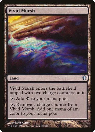 Dark, colorful swamp landscape on a Magic: The Gathering land card.