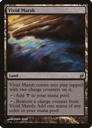 Dark, swampy landscape art on a Magic: The Gathering Vivid Marsh land card.