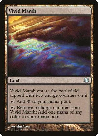 Magic: The Gathering Vivid Marsh land card, dark, colorful swamp art.
