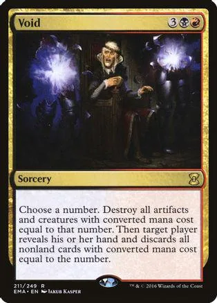 Black and gold Magic: The Gathering card, Void, featuring a robed figure.