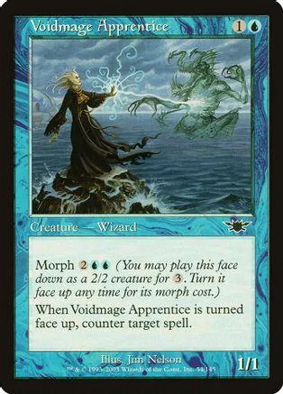 Wizard figure on dark rocks against blue water, Voidmage Apprentice card.