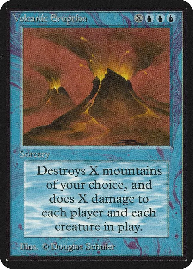 Magic: The Gathering card art of a fiery volcanic eruption over mountains.
