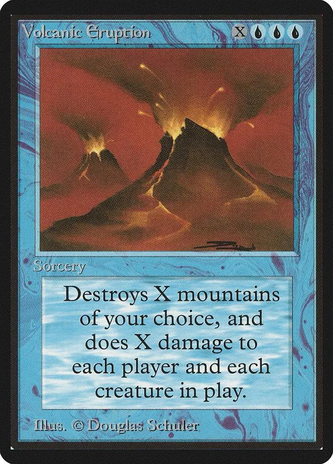 Volcanic Eruption card art shows fiery volcano erupting against orange sky.
