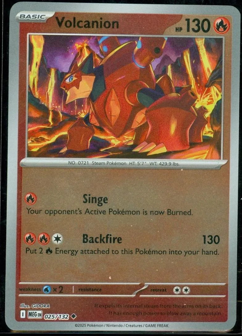 Red and orange Pokémon card, Volcanion, with fiery background art.