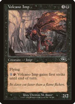 Dark creature with fiery wings in a forest setting on a black card.
