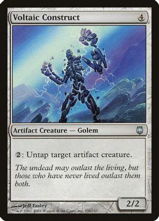 Dark, metallic golem figure against blue and purple stormy background on trading card.