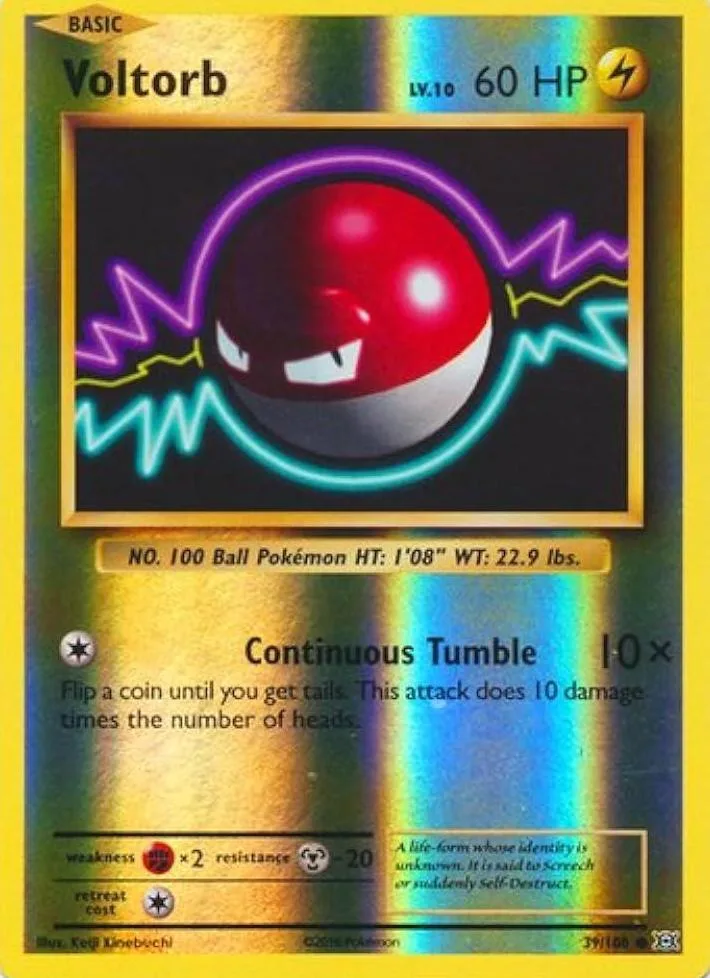 Red and white Pokémon card, Voltorb, with lightning bolt graphic.
