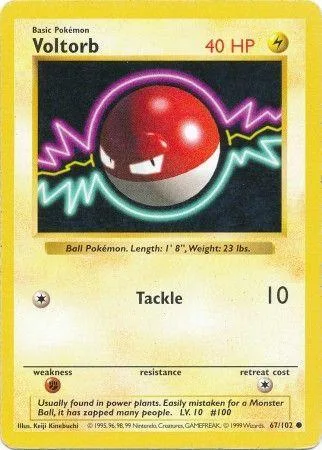 Red and white Poké Ball Pokémon card, Voltorb, 40 HP, Tackle attack.