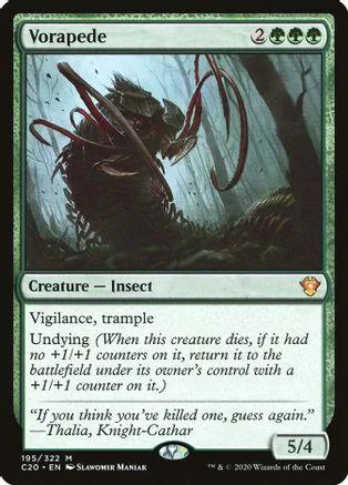 Dark insect creature card, Vorapede, with green and black coloring.