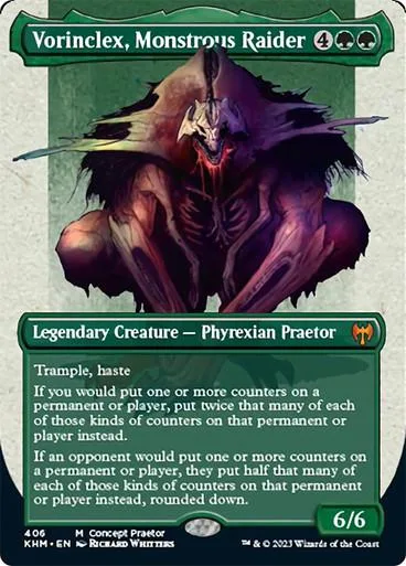 Dark, monstrous creature card art on a green and black Magic: The Gathering card.
