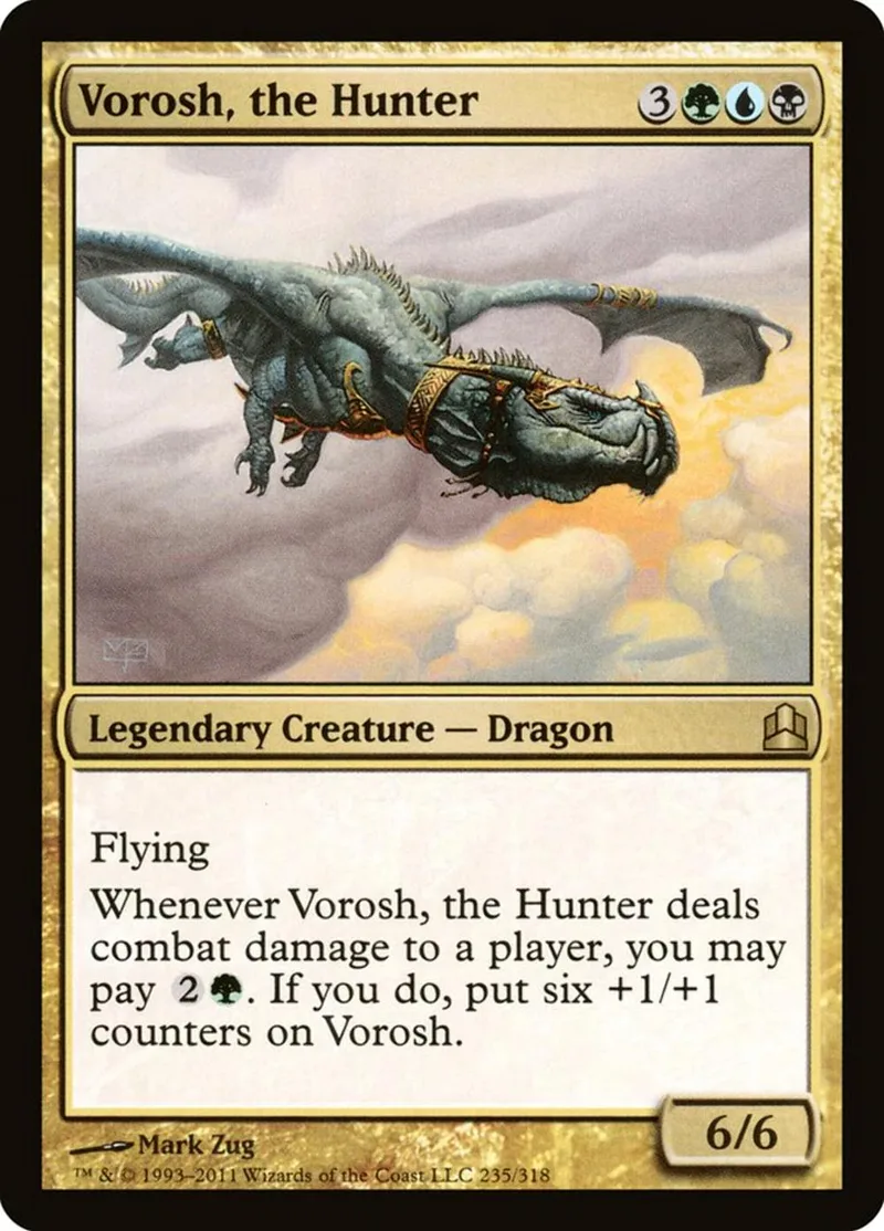 Dark dragon creature card, Vorosh, the Hunter, with black and gold accents.