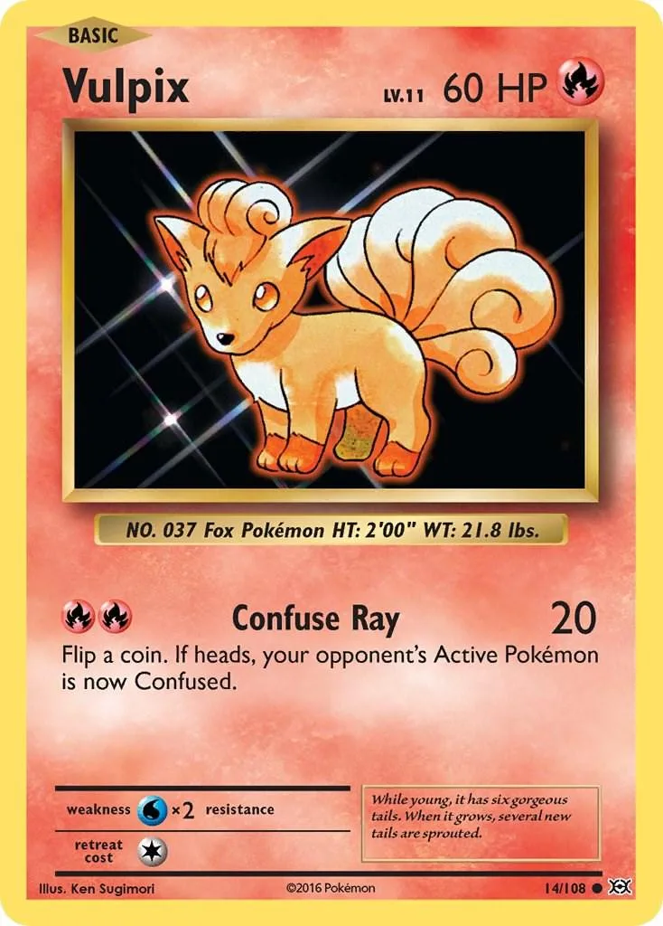 Orange fox Pokémon card, Vulpix, with black background art and text.
