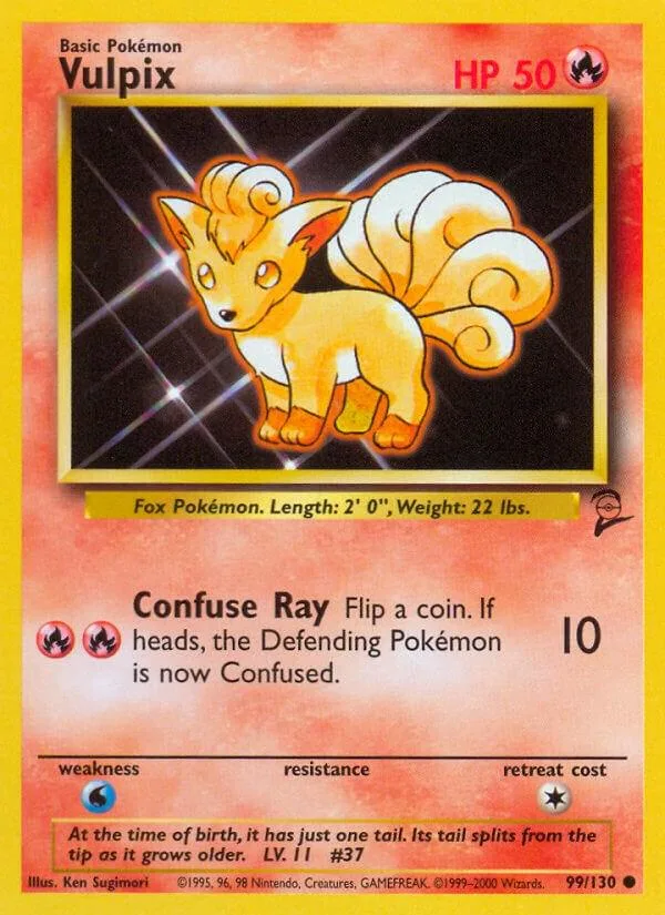 Yellow fox Pokémon card, Vulpix, with HP 50.