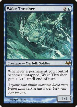 Green merfolk soldier creature card art, showing a large, winged figure in a jungle.