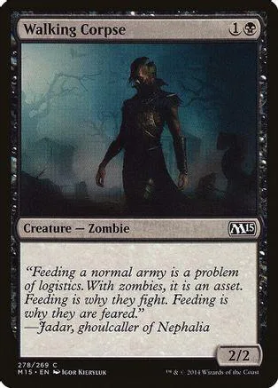 Dark zombie figure in shadowy landscape on a black and white card.
