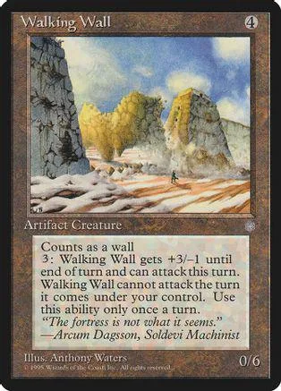 Fantasy landscape art on a Magic: The Gathering card, Walking Wall.