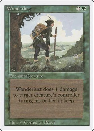Card art: figure with pack on hill overlooking landscape. Wanderlust enchantment card.