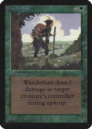 Card art shows figure with staff in green landscape. Wanderlust creature card.