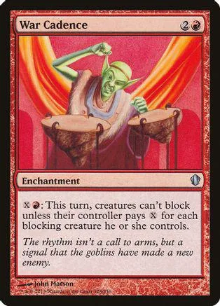 Green goblin musician in red curtains, War Cadence Magic: The Gathering card.