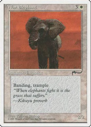 Dark elephant on orange background, "War Elephant" card, 3 stars.