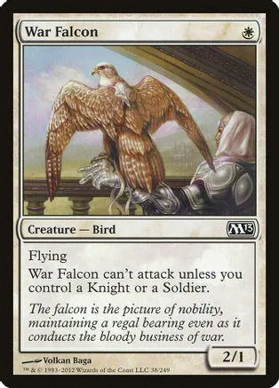 Brown falcon creature card art with a person in armor.
