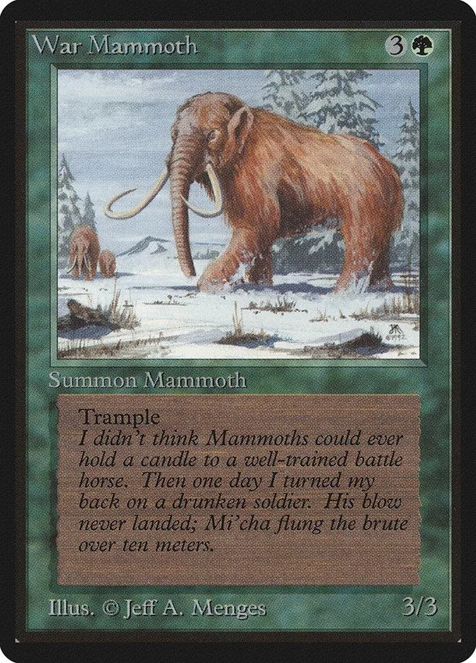 Brown mammoth in snowy forest scene on a Magic: The Gathering card.
