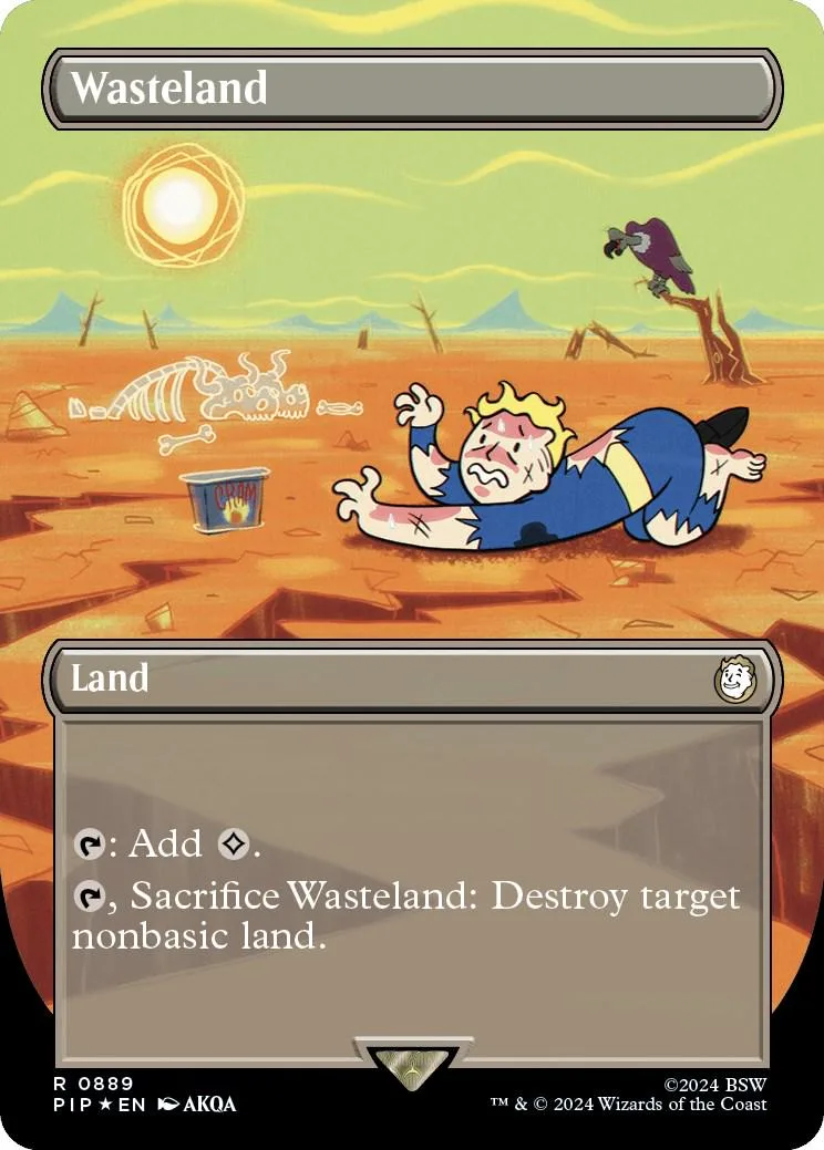 Wasteland Magic: The Gathering land card, orange and yellow desert scene.