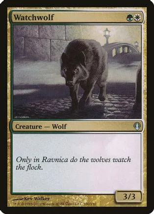 Dark wolf creature card art, black and grey tones, standard trading card frame.
